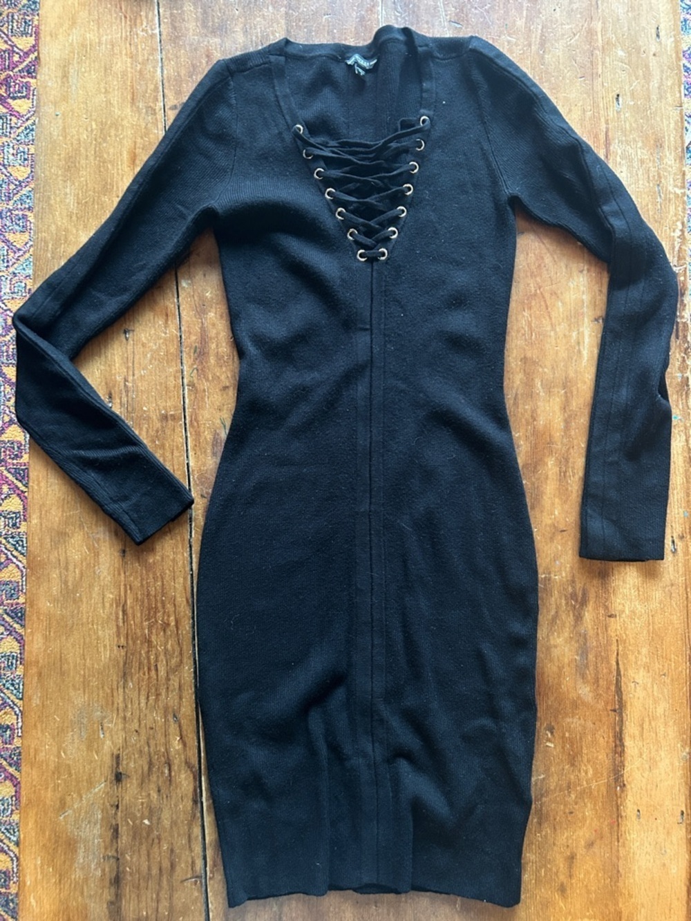 Vintage GUESS Black Lace-Up Knit Midi Dress | 90s/Y2K Fitted Sweater Dress | S